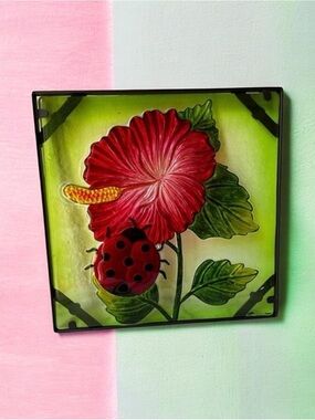 Vibrant Floral Glass Art with Ladybug suncatcher